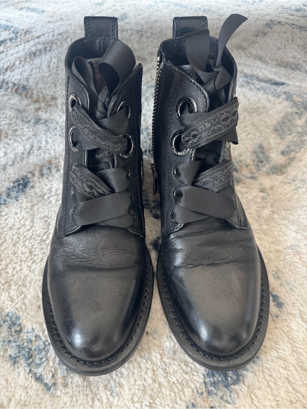 Zadig & Voltaire Women's Black Leather Zip Combat Boots - Classic Street Style